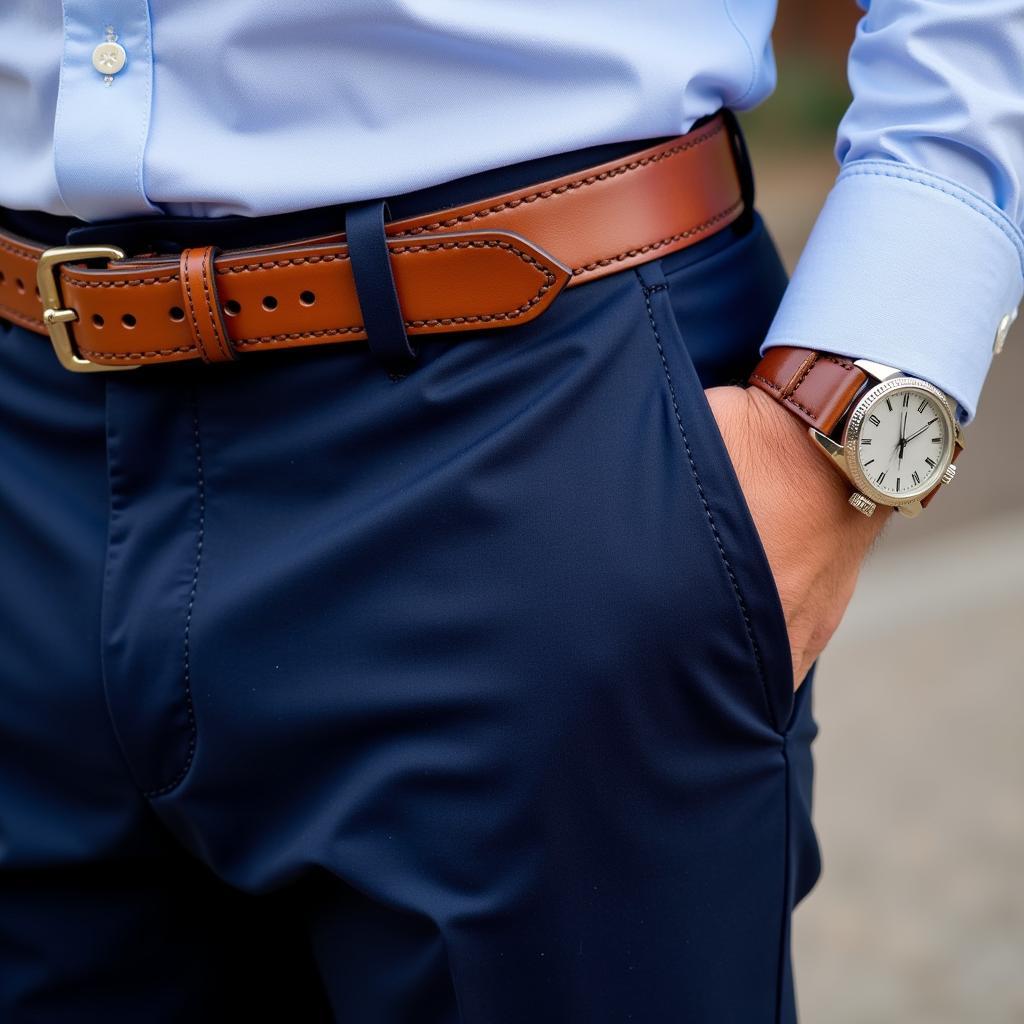 Man wearing dark blue pants with accessories