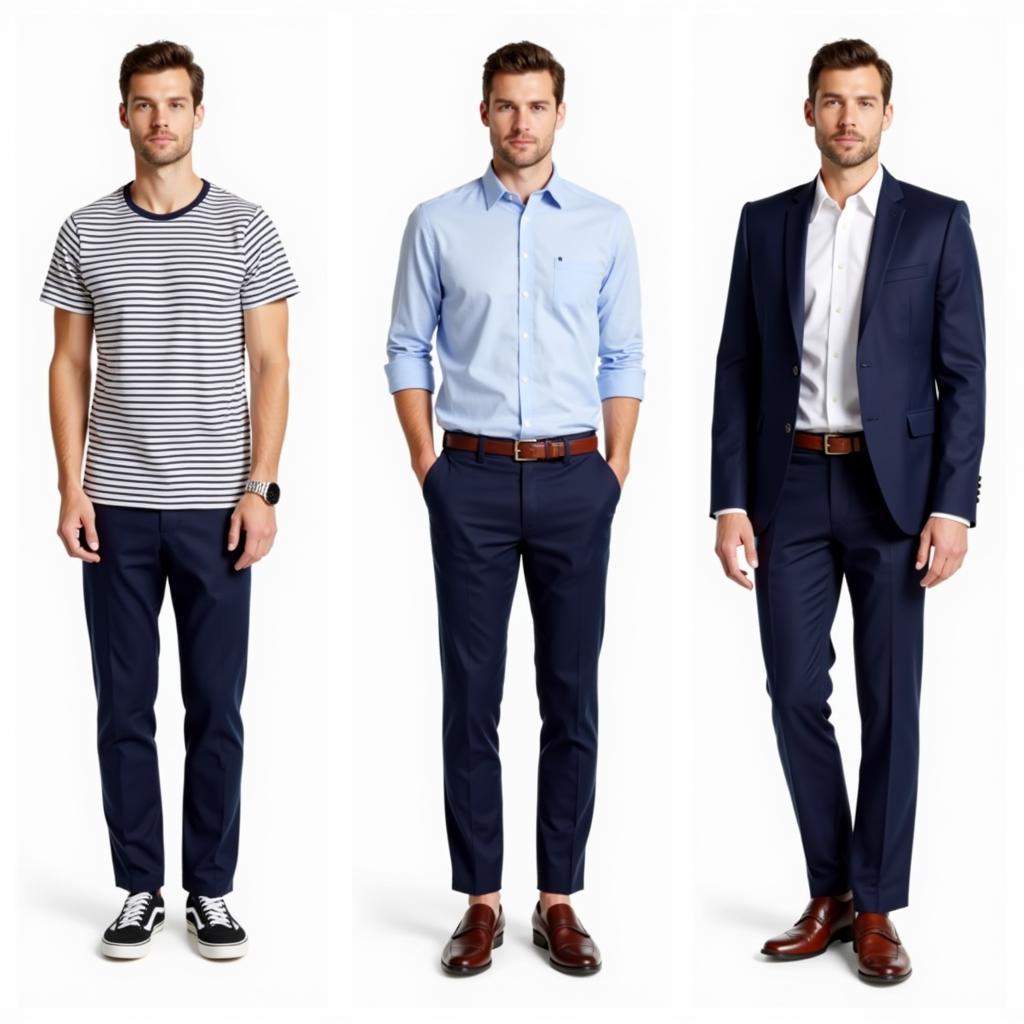 Styling Dark Blue Pants for Different Occasions: Outfit inspiration for casual, business casual, and formal looks with dark blue pants.