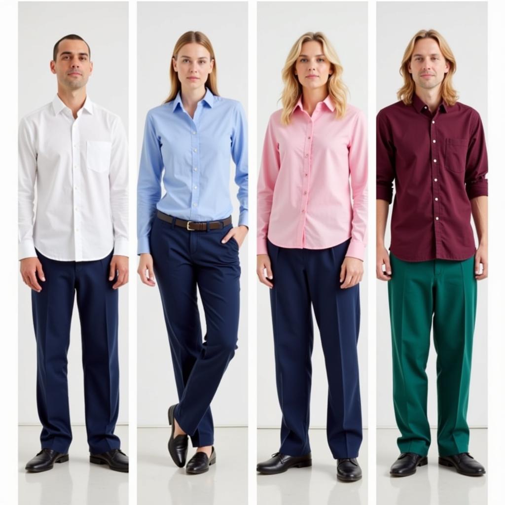 Different colored shirts paired with dark blue pants