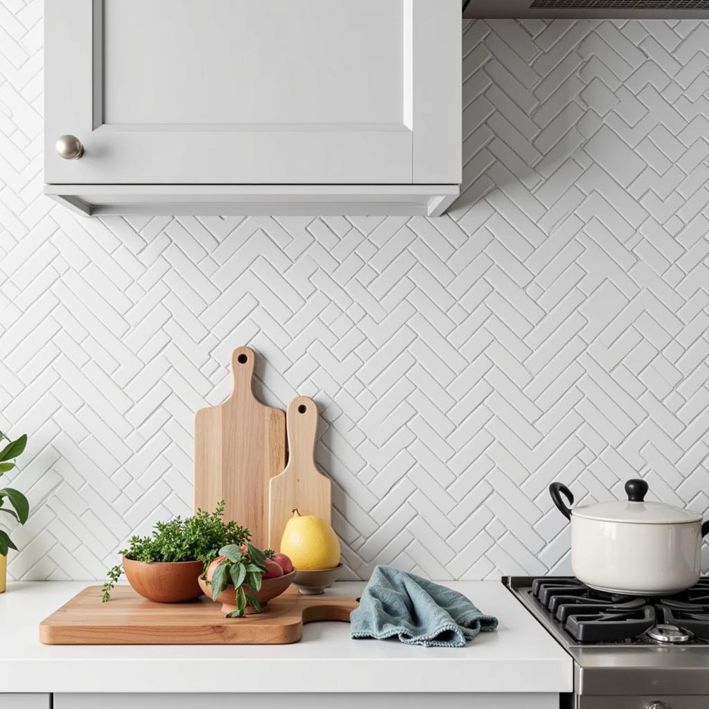 Dark gray grout creates contrast with light gray tiles in a kitchen backsplash.