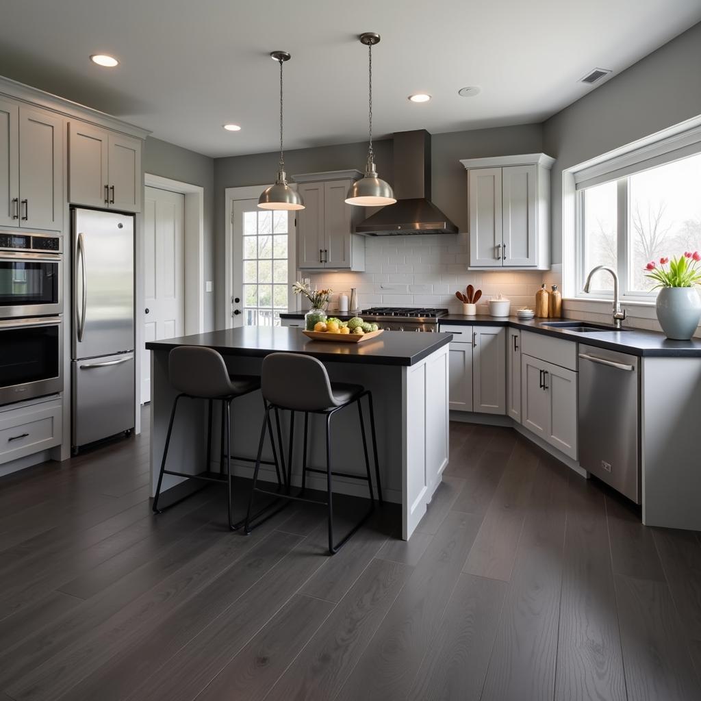 Dark Gray Vinyl Flooring with Gray Cabinets in a Modern Kitchen