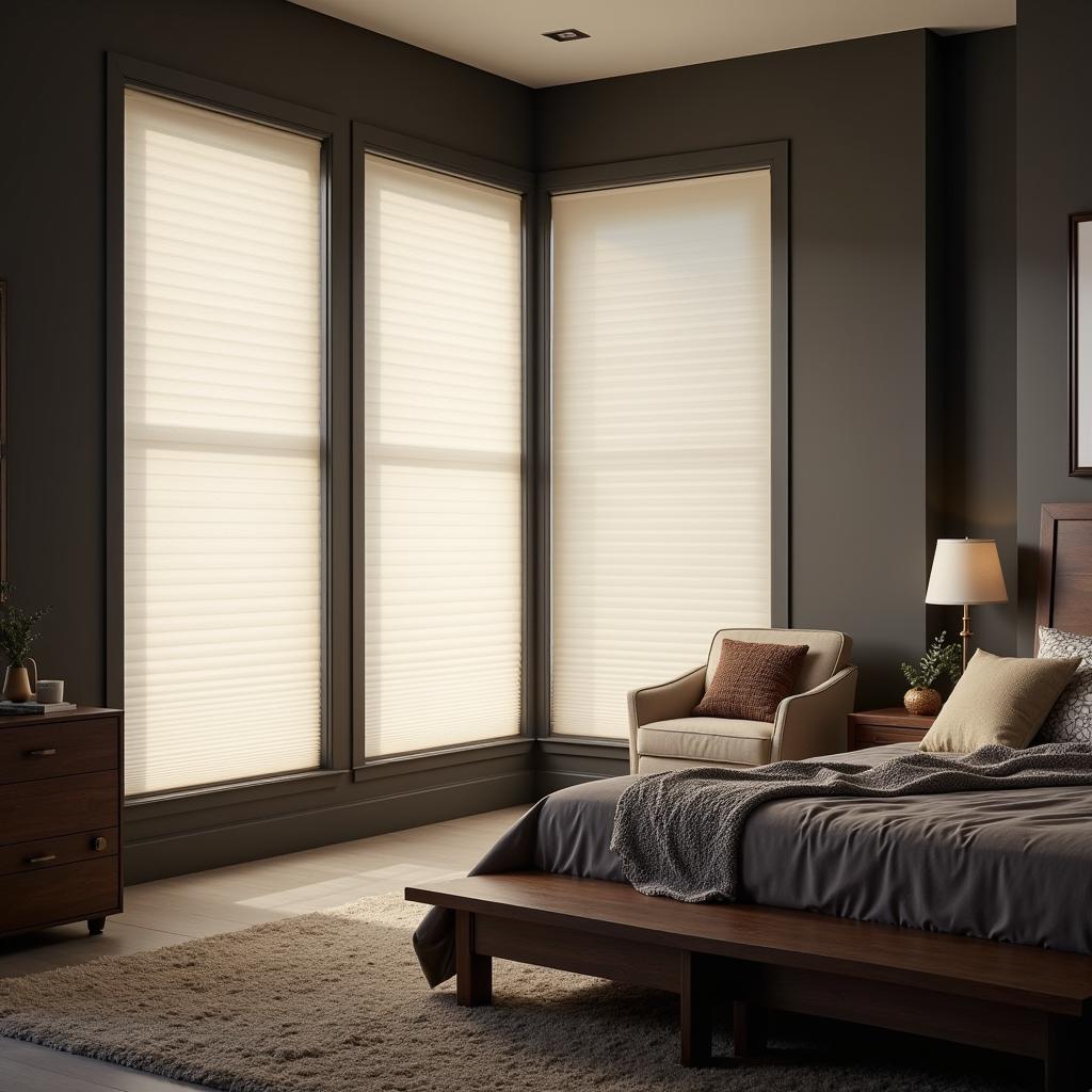 Cream blinds with dark gray walls in a cozy bedroom