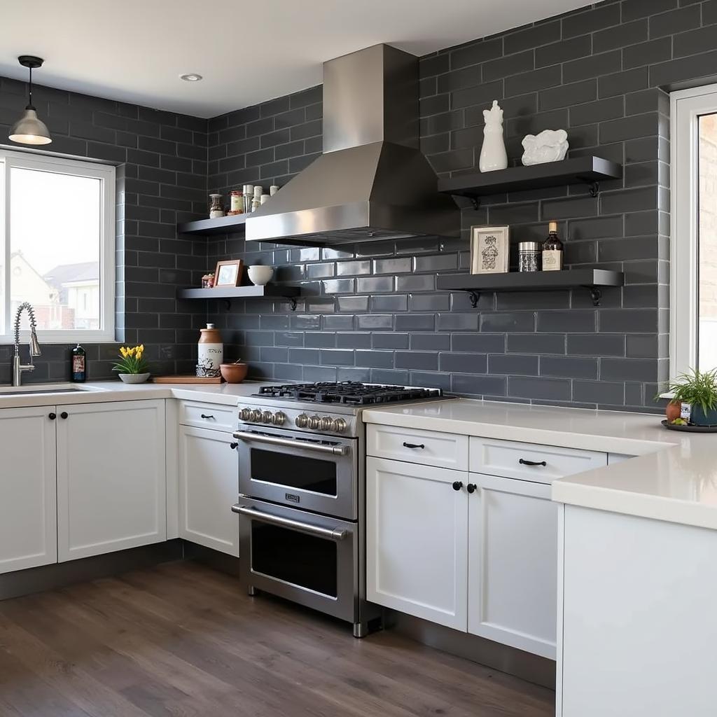 Dark Grey Tile with Matching Grout for a Kitchen Backsplash