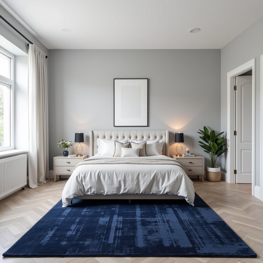 Dark Rug Contrasting Light Walls in Bedroom