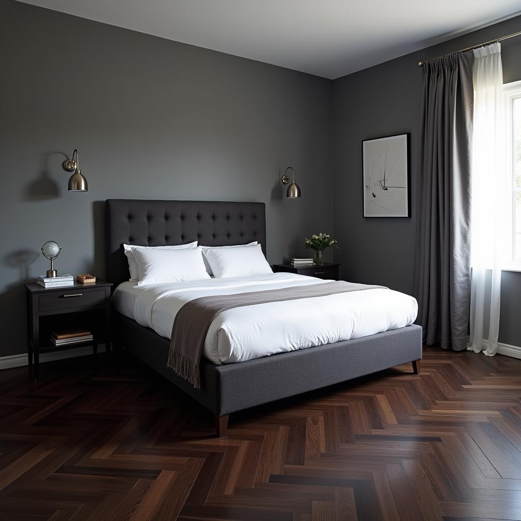 Dark wood floors with gray walls in a bedroom