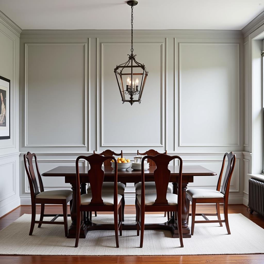 Dark wood furniture contrasted with light gray walls