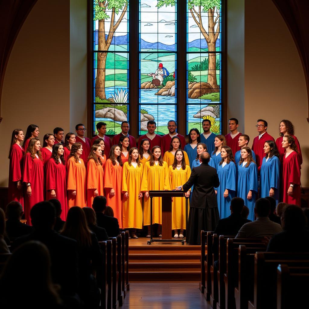 A choir performing "De Colores" in a vibrant setting