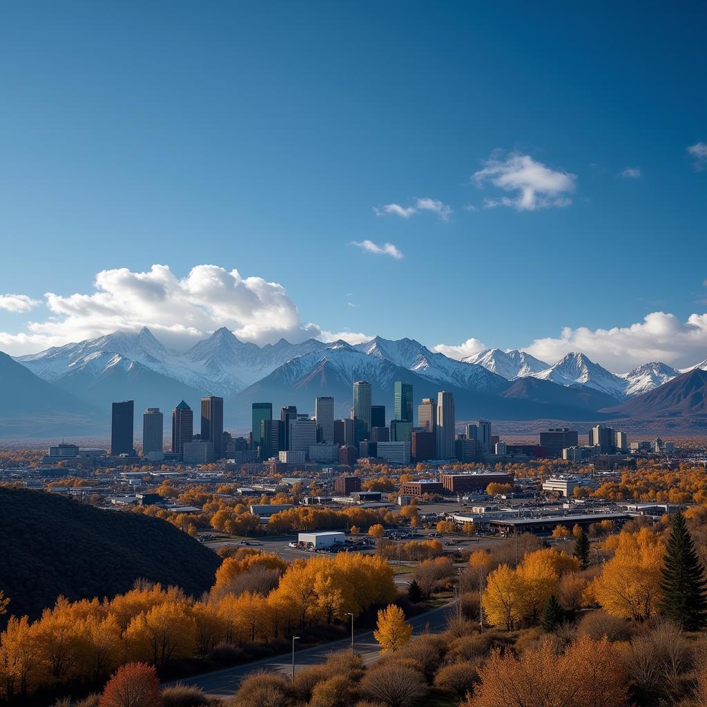 Denver Cityscape with Rocky Mountains Background