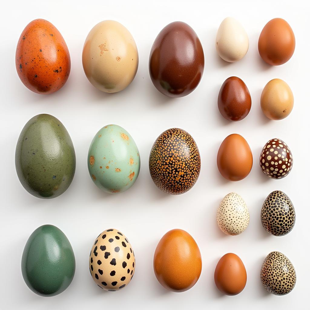 Various Bird Eggs Showing Different Colors and Patterns