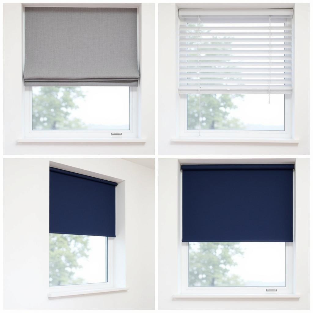 Different blind styles against white walls: Roman, Venetian, and roller blinds showcased in a modern setting.