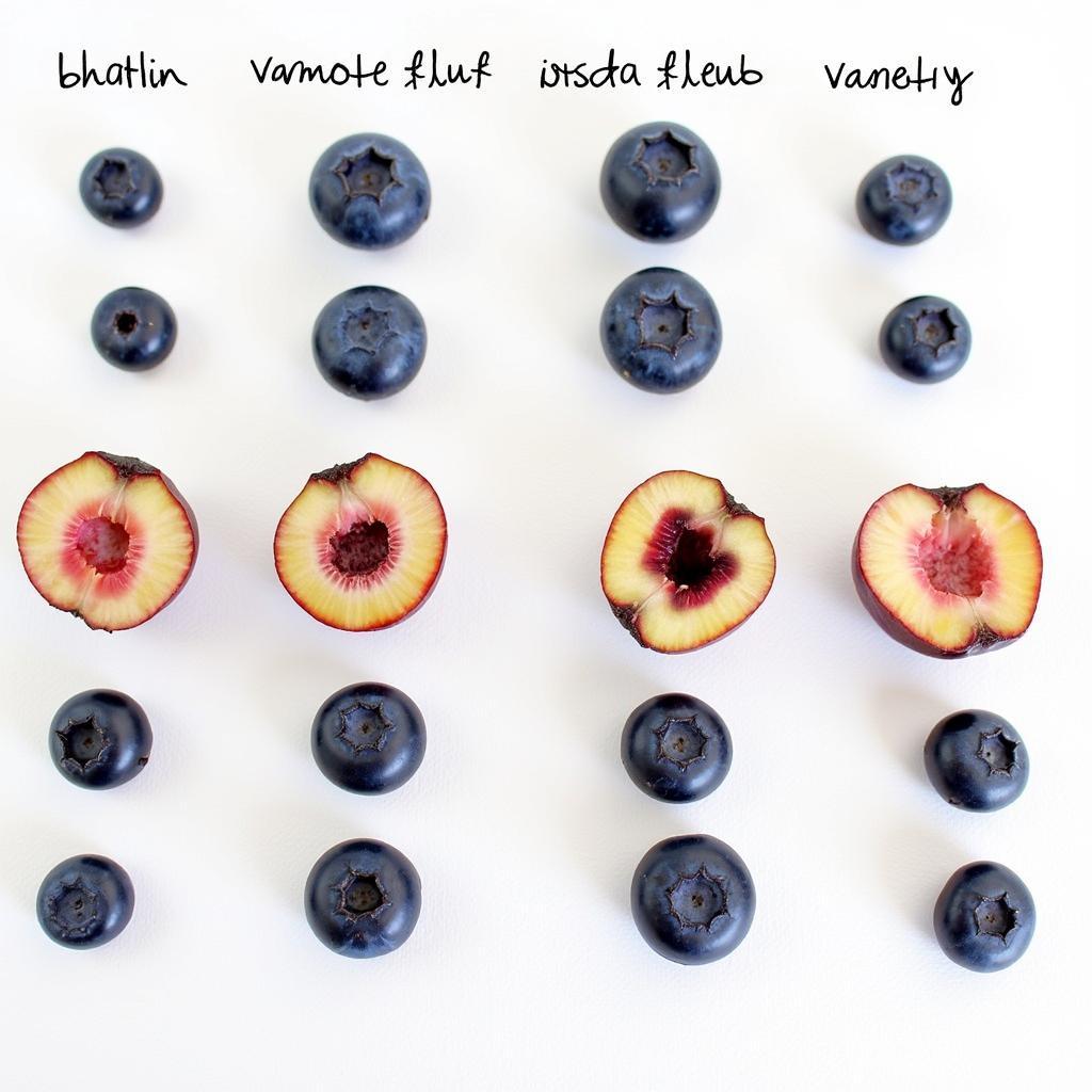 Different blueberry varieties showing varying inside colors