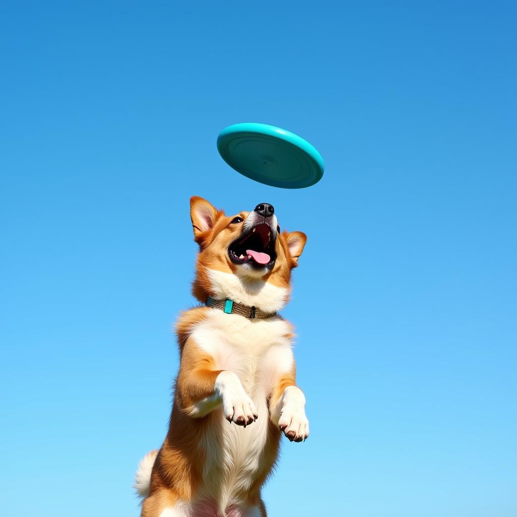 A dog leaping to catch a blue frisbee in mid-air.