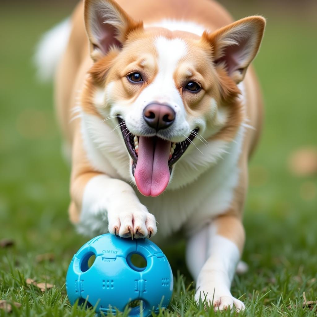 Dog Playing with a Blue Toy