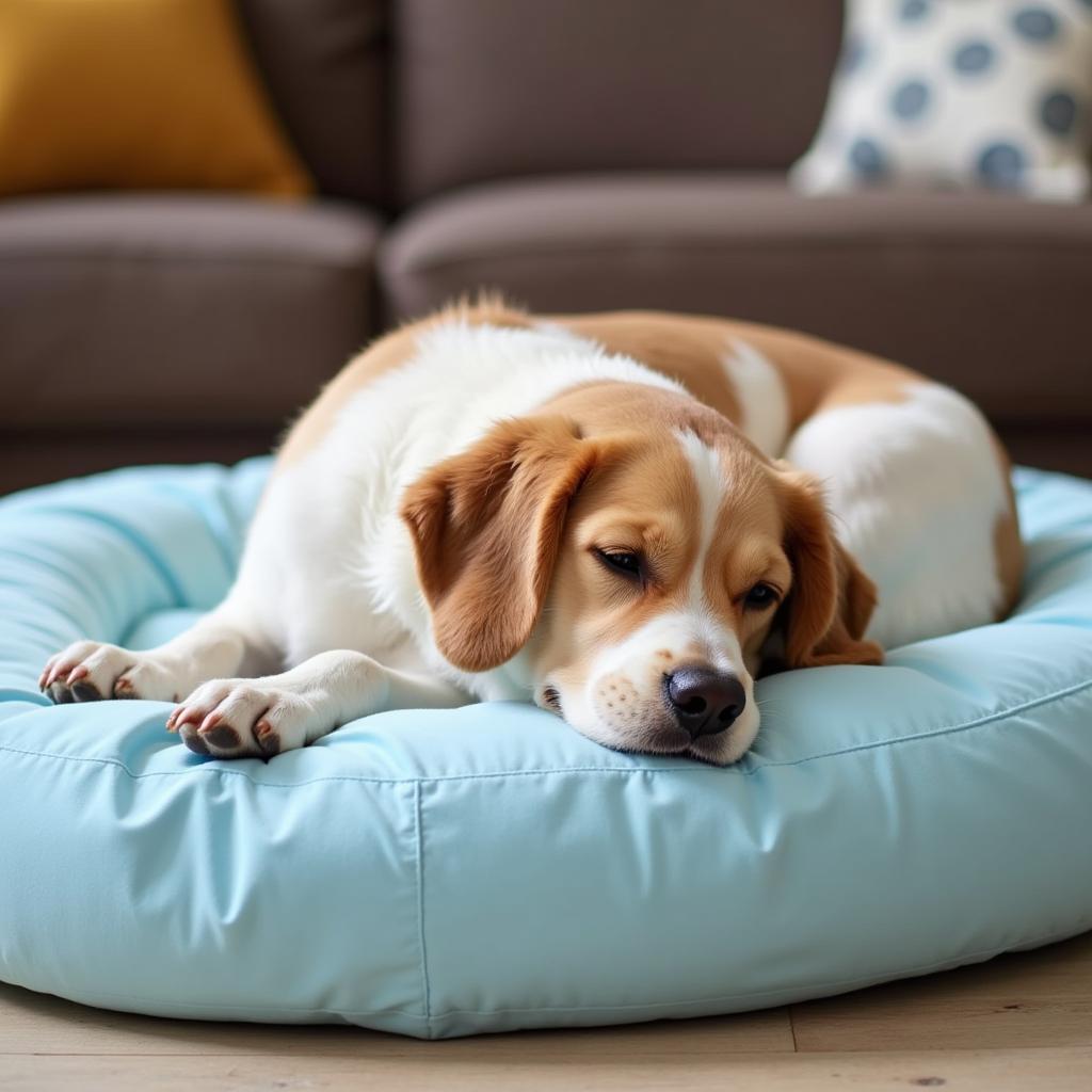 A dog relaxing on a blue dog bed.