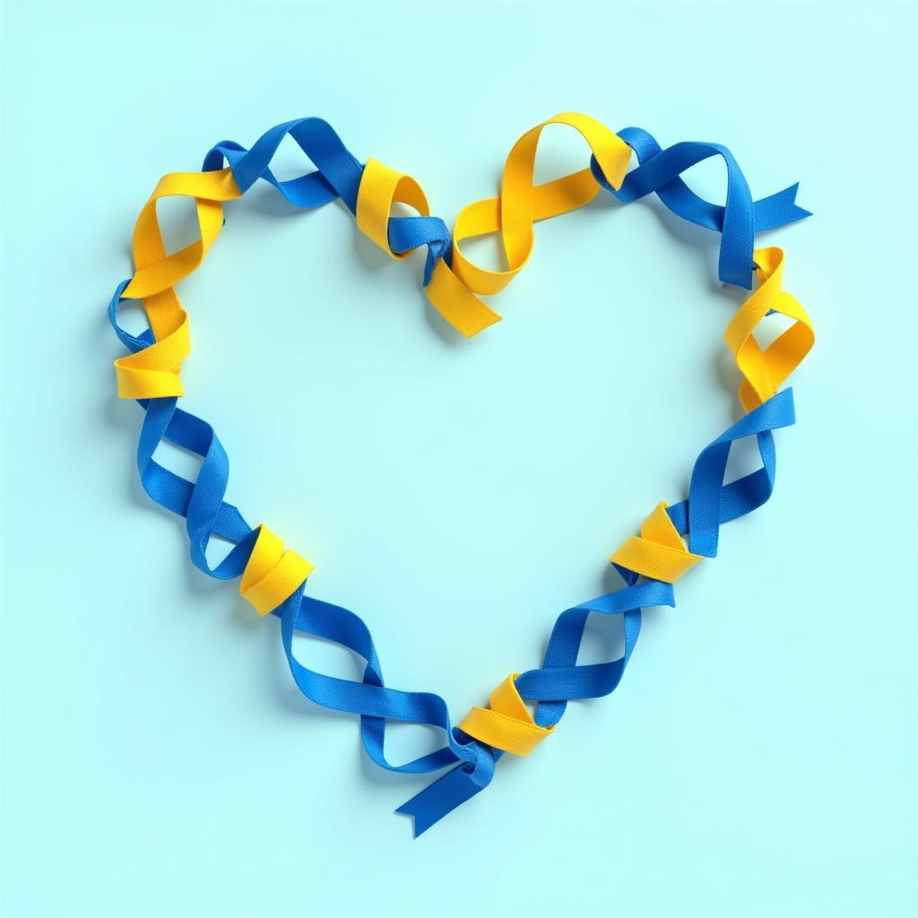 Blue and yellow ribbons symbolizing Down Syndrome awareness