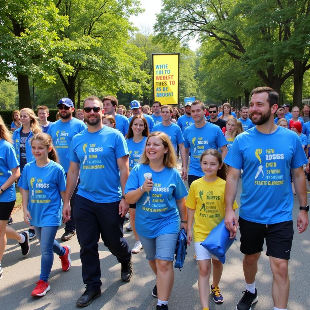 People wearing blue and yellow participating in a Down Syndrome awareness walk