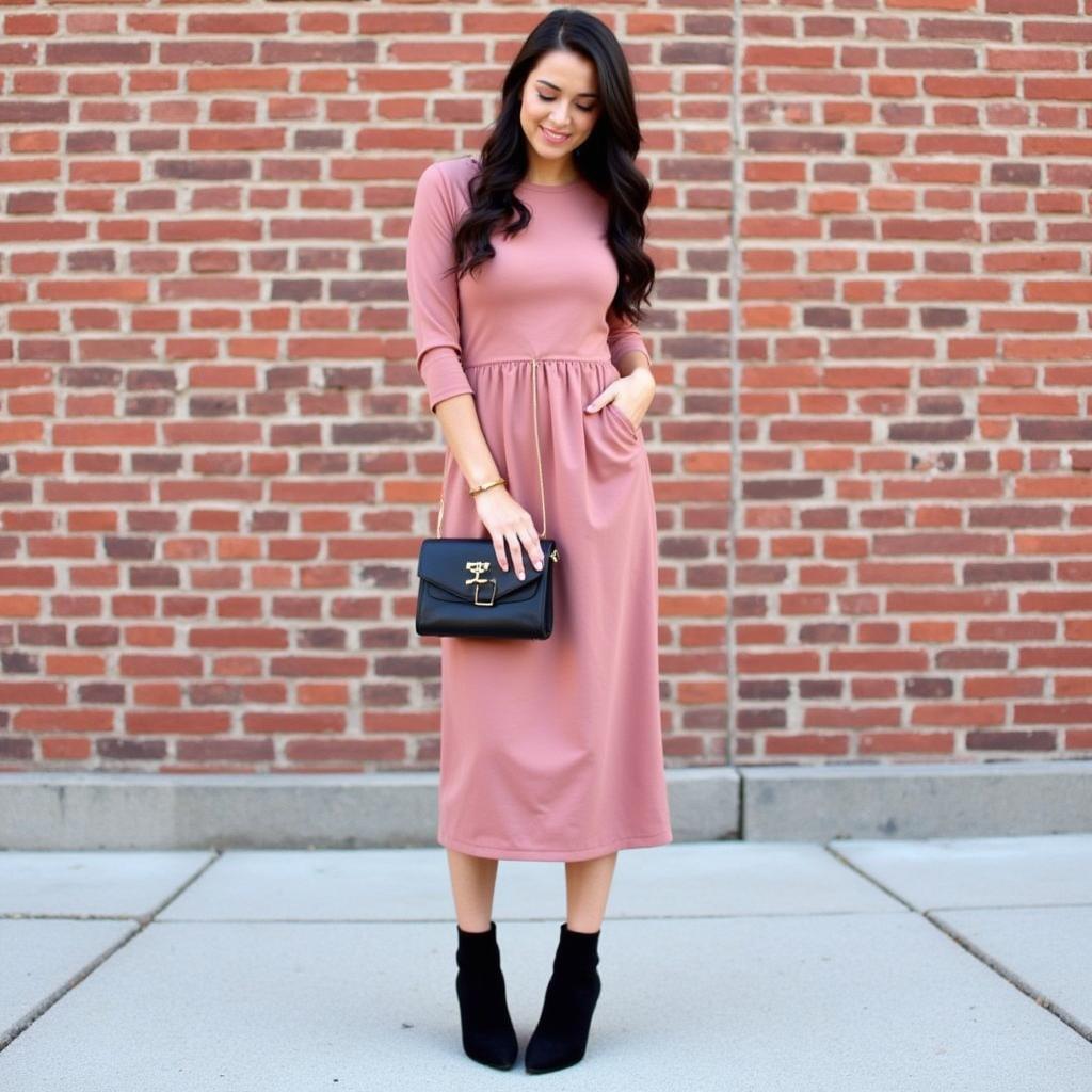 Dusty Rose Dress with Black Boots