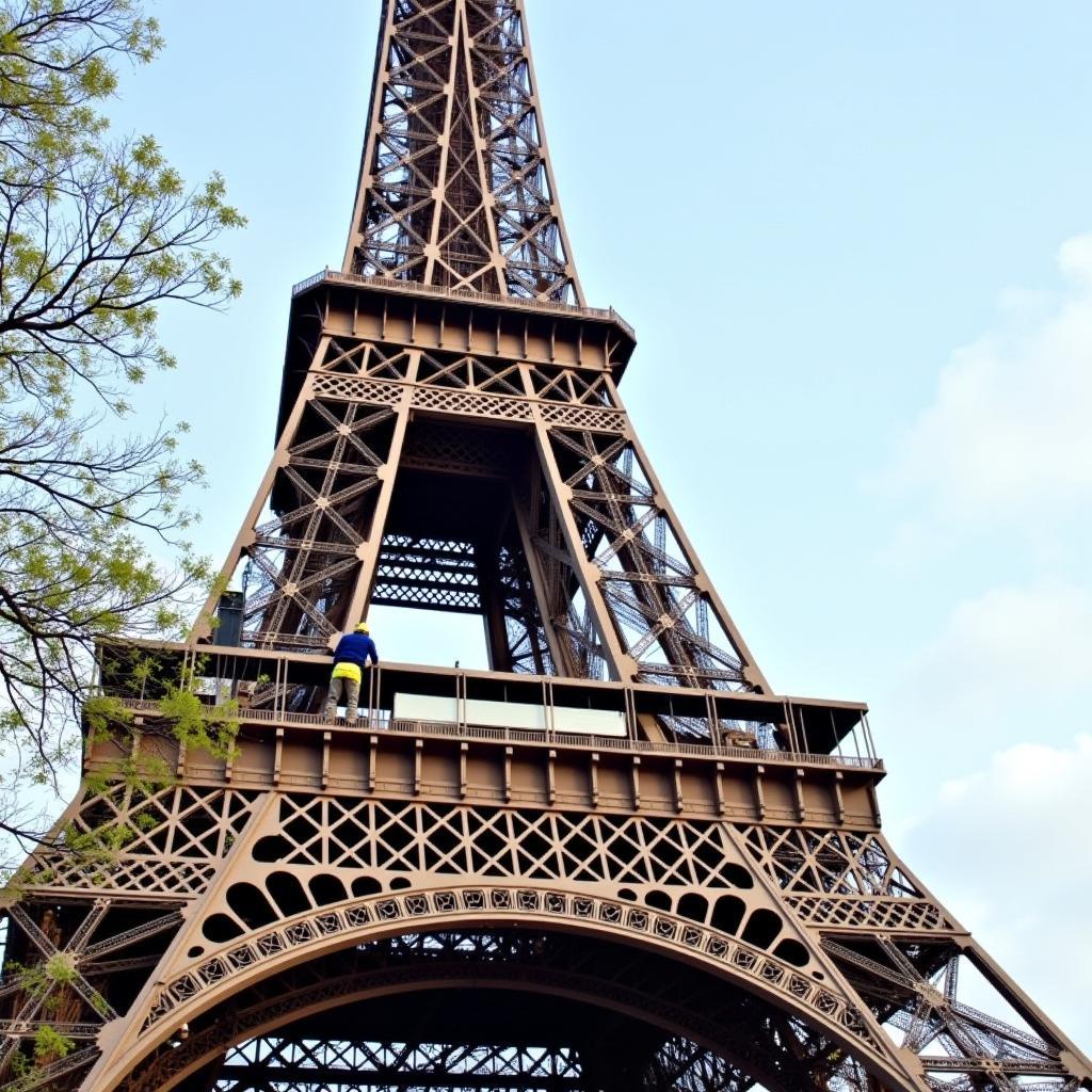 Eiffel Tower repainting: Workers and equipment in action