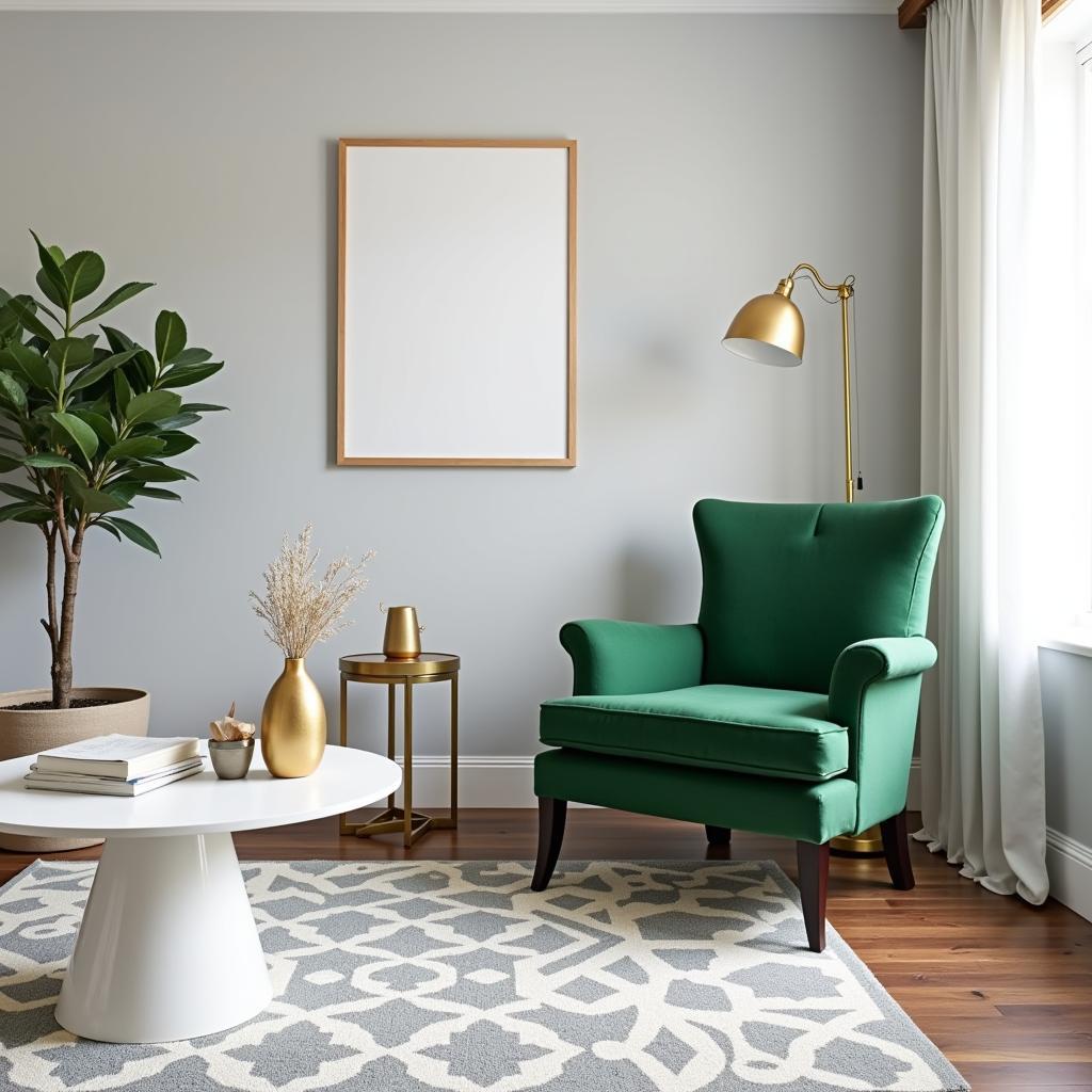 Emerald green armchair against light gray walls