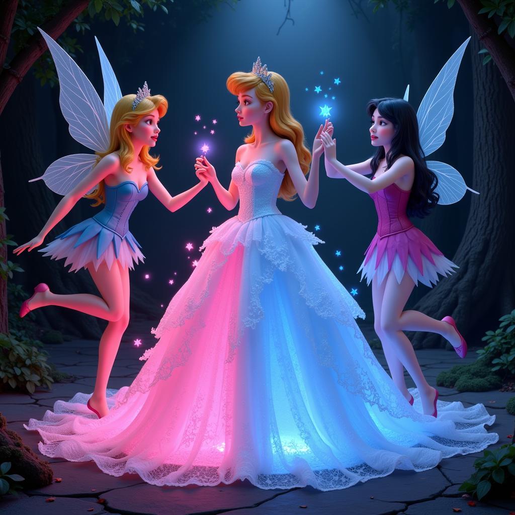 Flora, Fauna, and Merryweather Changing Aurora's Dress Color