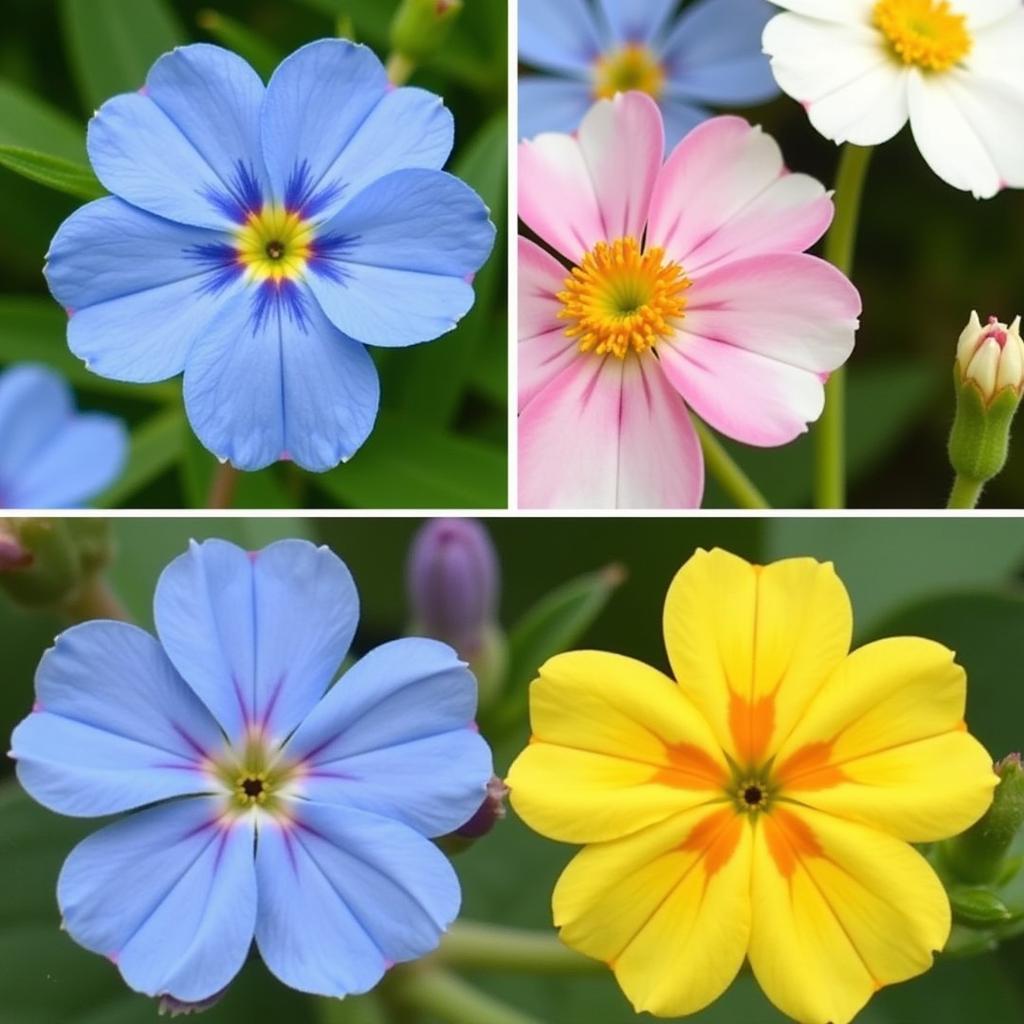 Forget-me-not flowers in blue, pink, white, and yellow