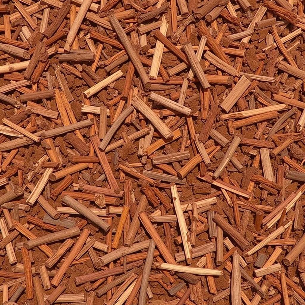 Fresh cedar mulch displaying a rich reddish-brown color