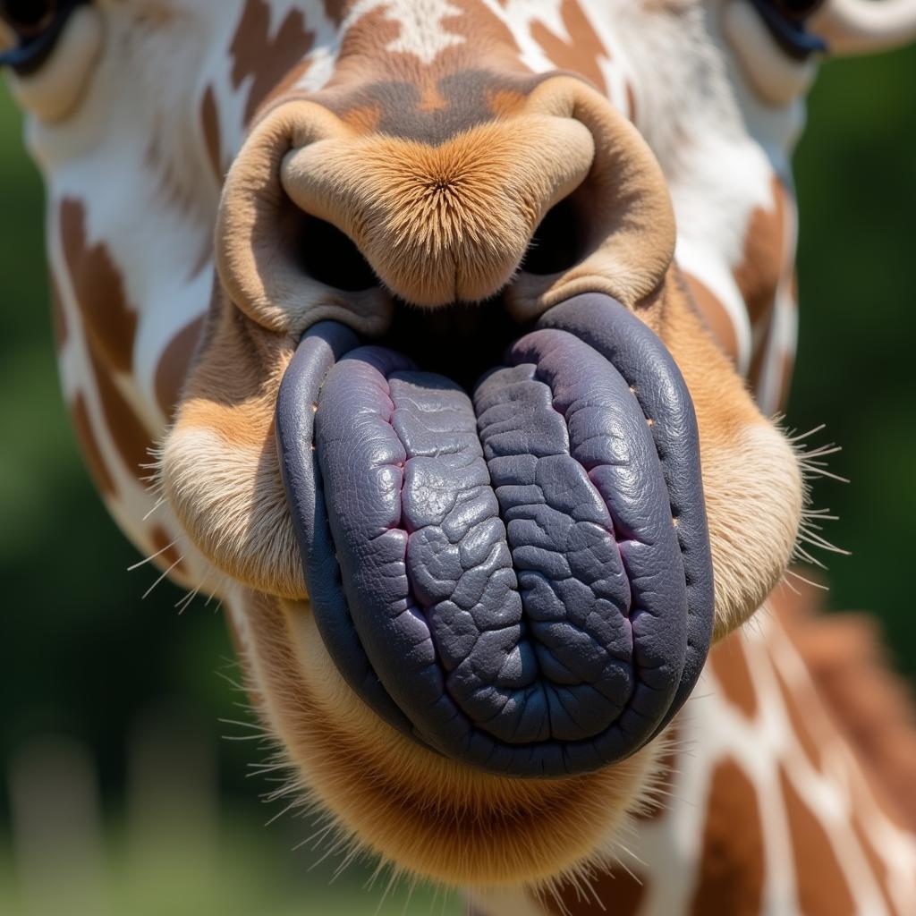 Close-up of a giraffe's dark-colored tongue