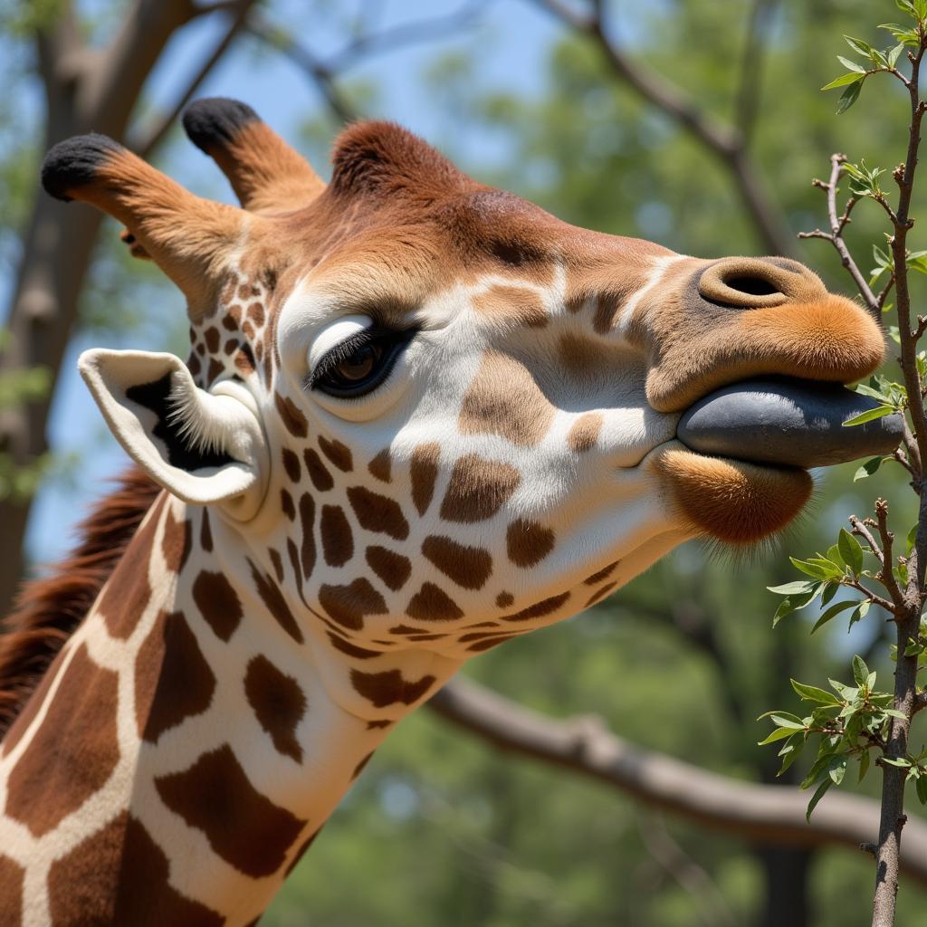 Giraffe's tongue wrapping around an acacia branch.