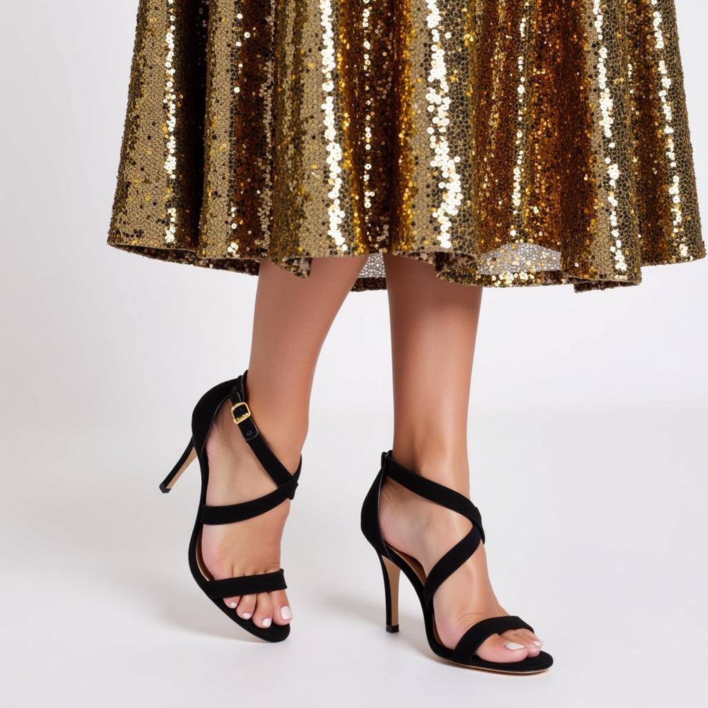 Gold sequin dress with black strappy sandals