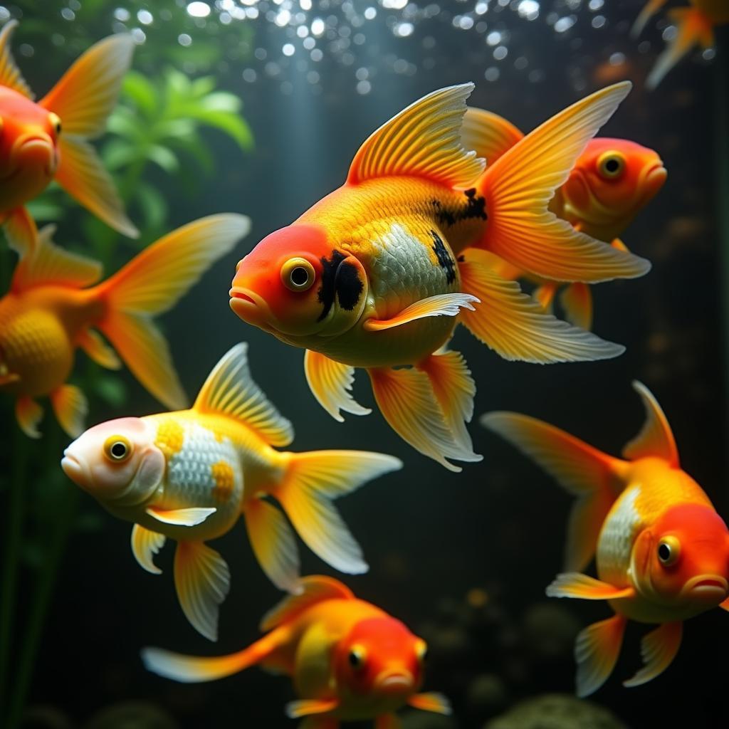 Goldfish of different colors swimming in a tank