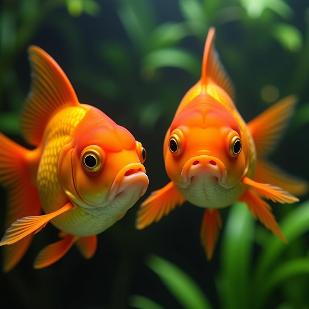 Two similar colored goldfish of different sizes in a tank