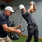 Golfer Getting Professionally Fitted for Ping Irons to Determine Correct Lie Angle