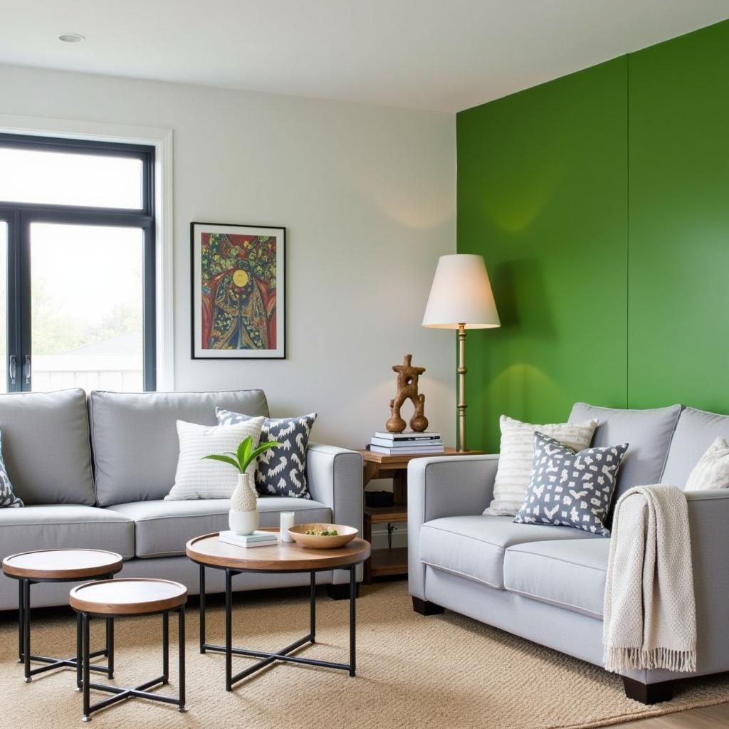 Gray furniture with a green accent wall