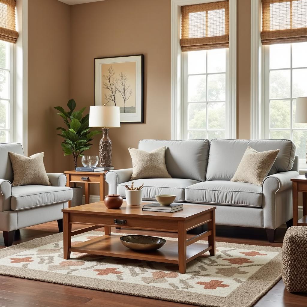 Gray furniture paired with a warm wood table in a living room