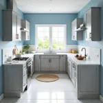 Gray kitchen cabinets with cool blue walls