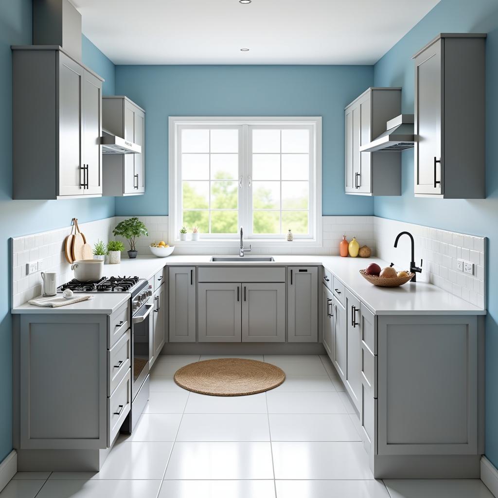 Gray kitchen cabinets with cool blue walls