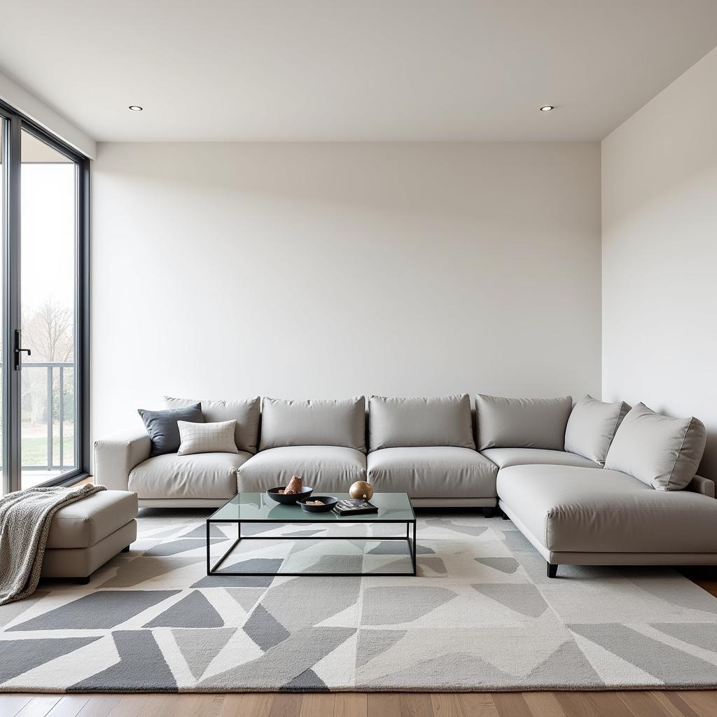 A gray sectional sofa paired with a glass coffee table in a modern living room