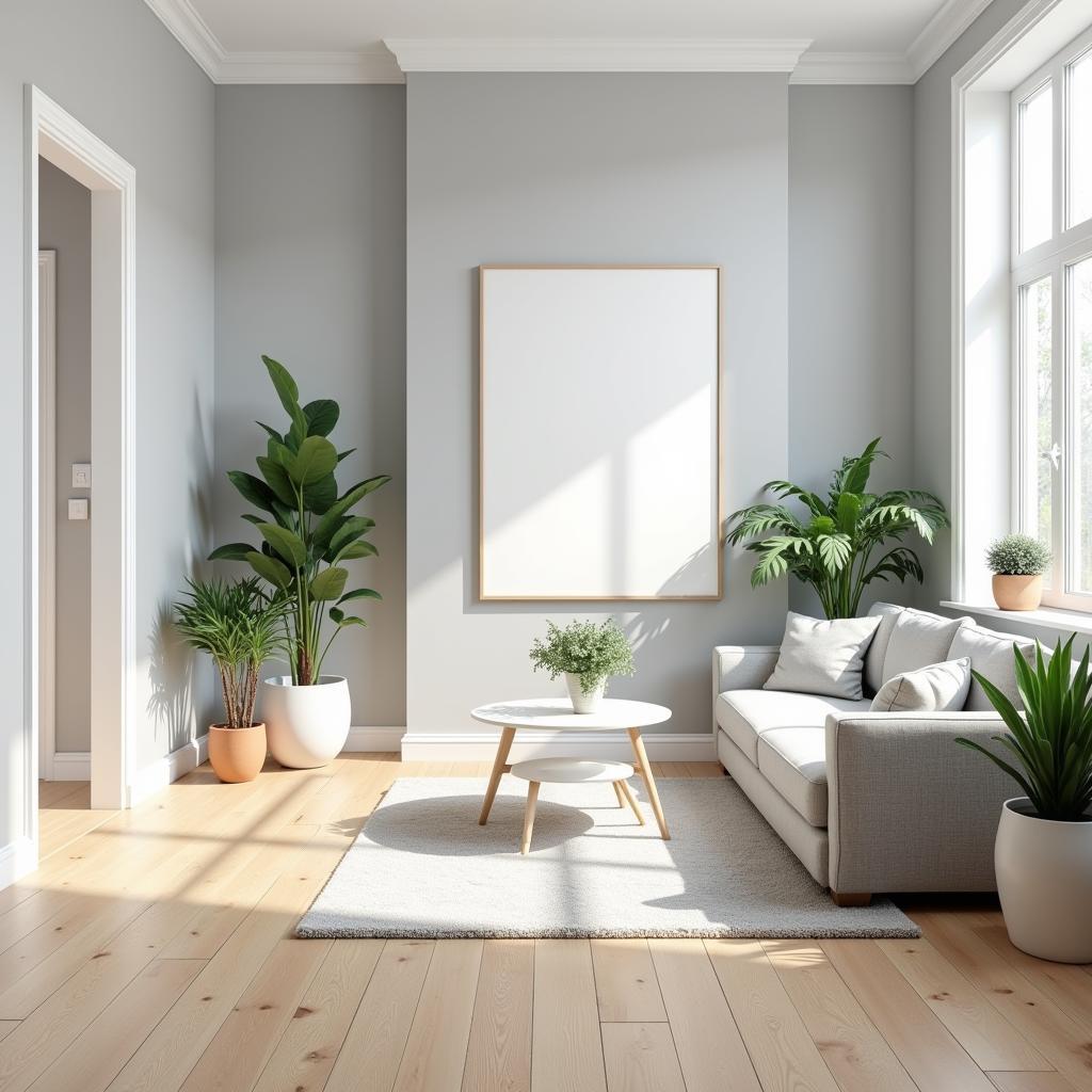 Light wood floors with gray walls in a living room