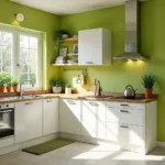 Modern Green Kitchen with White Cabinets