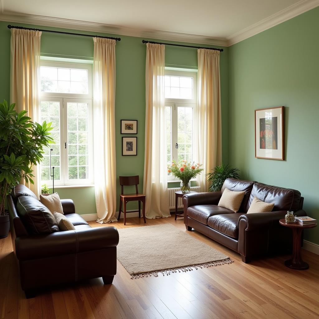 Cream Curtains with Green Walls and Brown Furniture