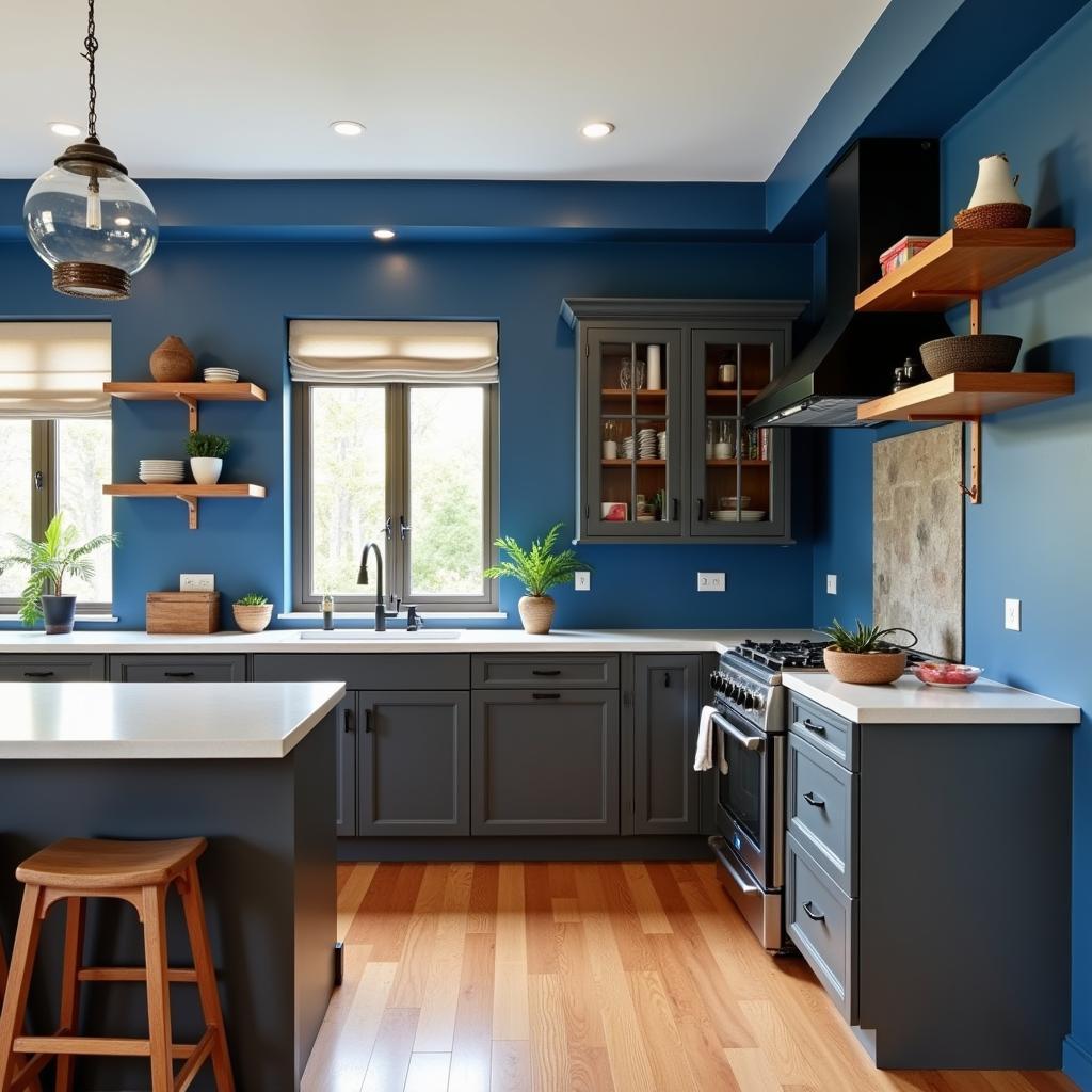 Grey Kitchen with Blue Walls and Wood Accents