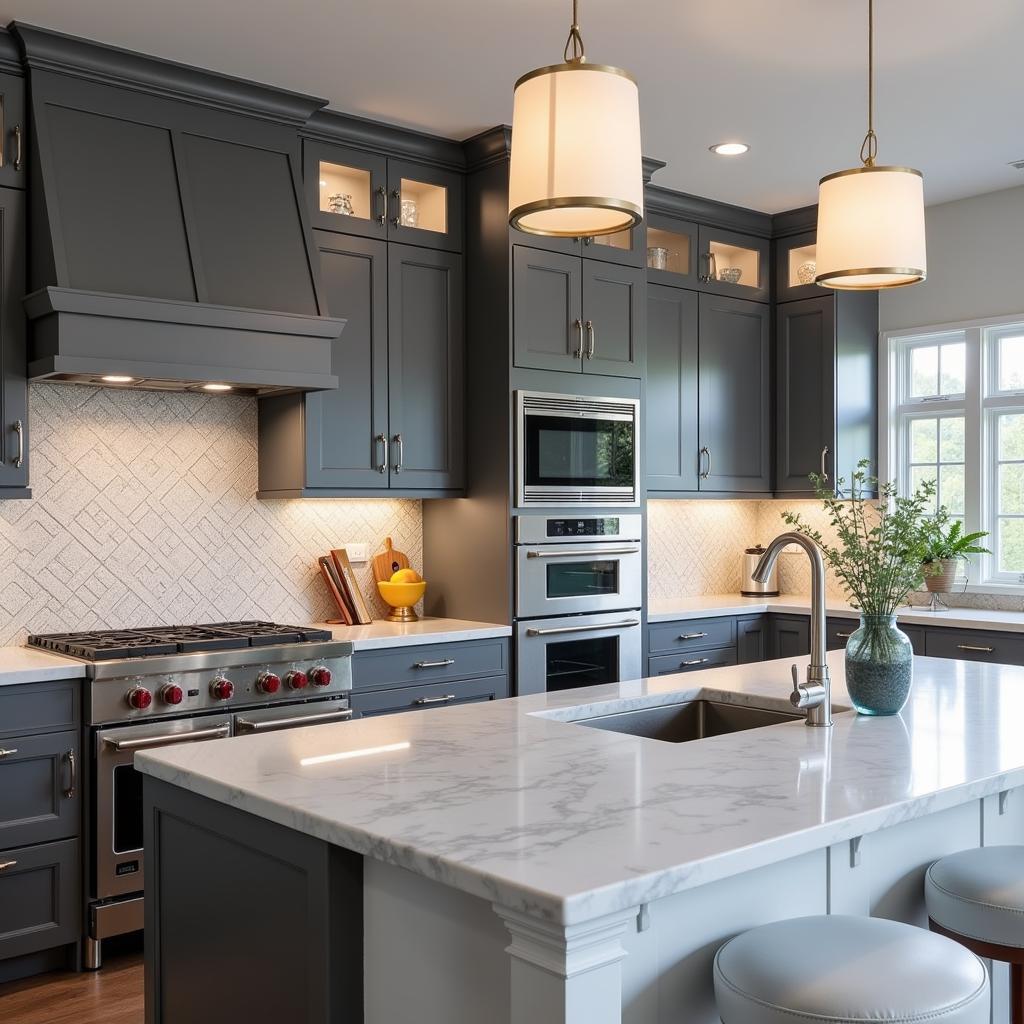 Grey Kitchen with Marble Countertops and Glass Tile Backsplash