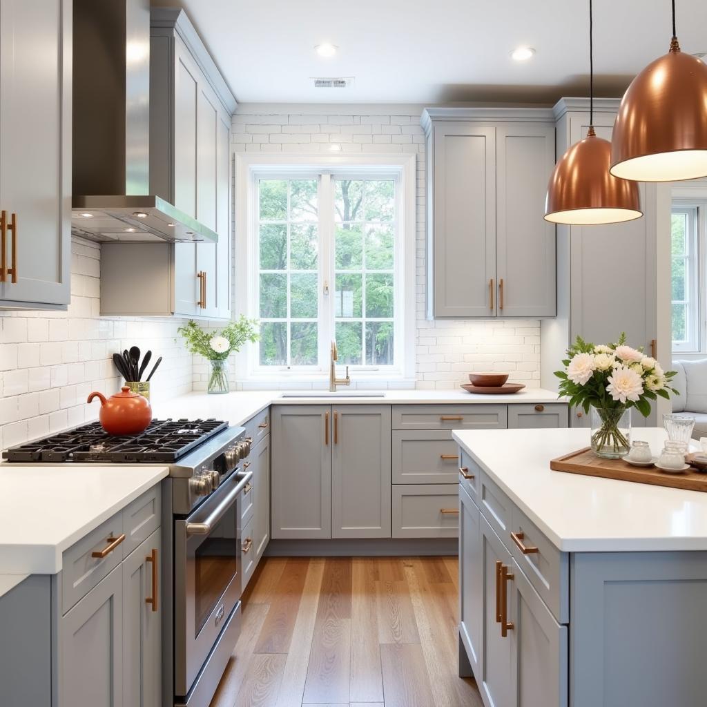 Modern Grey Kitchen with White Countertops and Backsplash