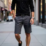 Grey shorts and a black shirt for a stylish night out.