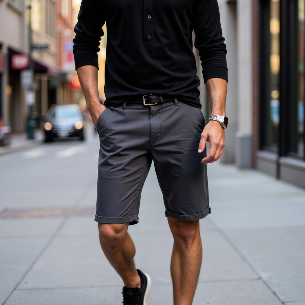 Grey shorts and a black shirt for a stylish night out.