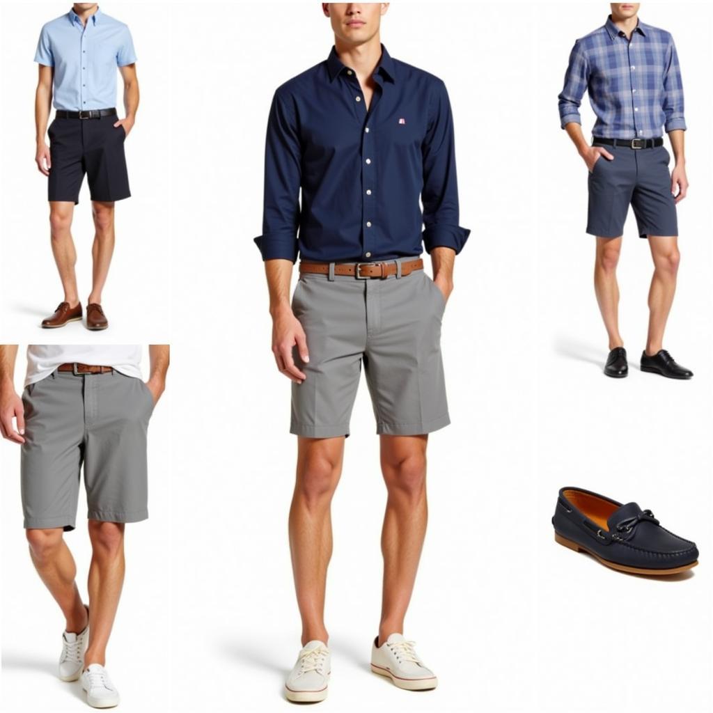 Different outfit combinations with grey shorts.