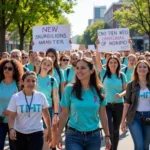 People wearing teal ribbons, showing support and community in suicide prevention awareness.