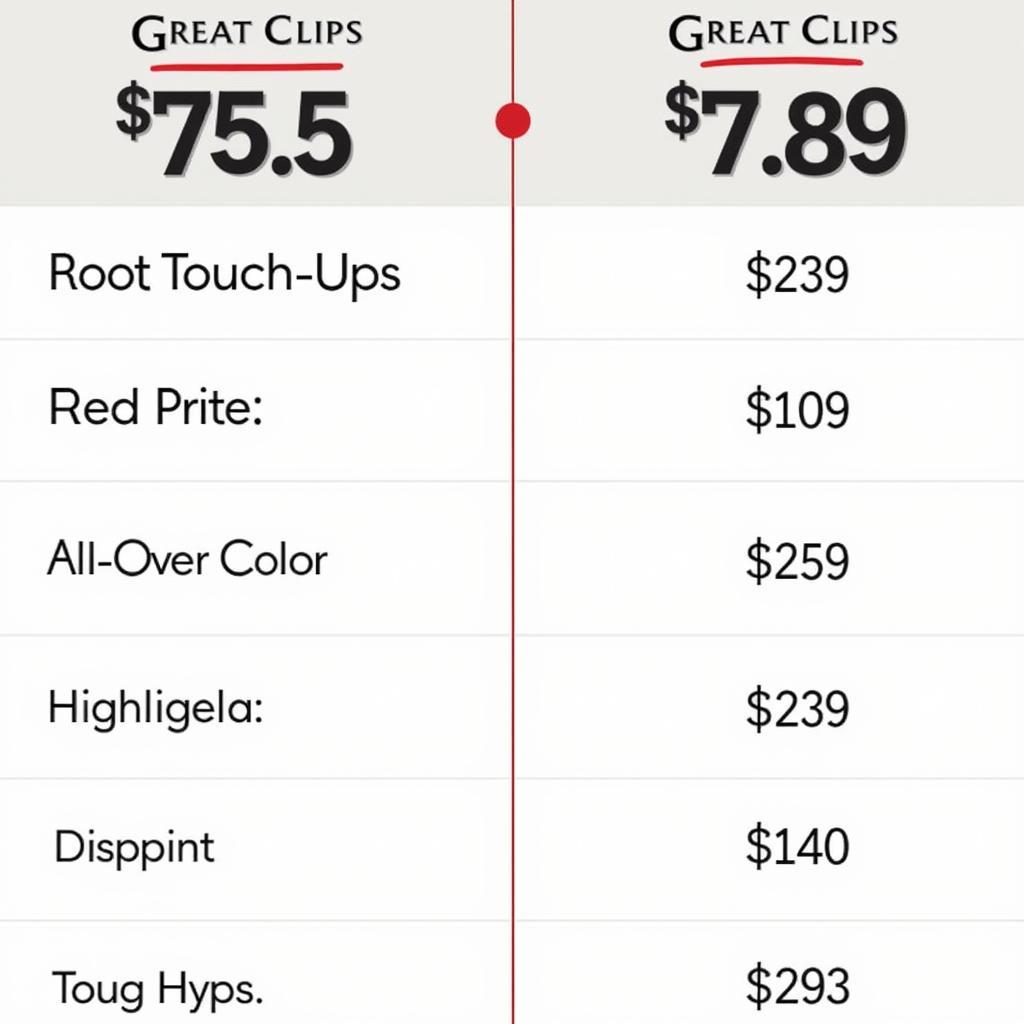 Hair Color Price Comparison: A chart comparing the cost of different hair coloring services at Great Clips and a salon.