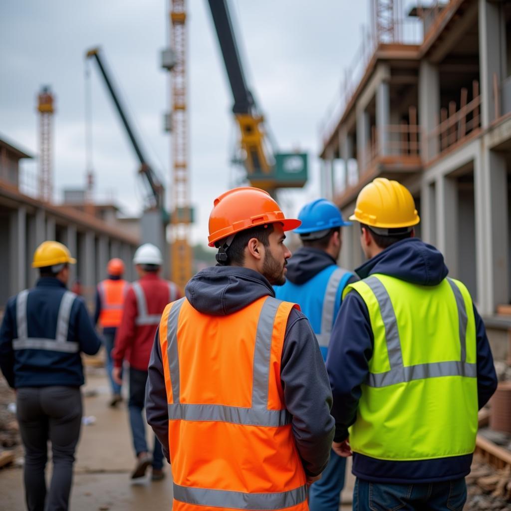 Workers Wearing Different Colored Hard Hats on a Construction Site