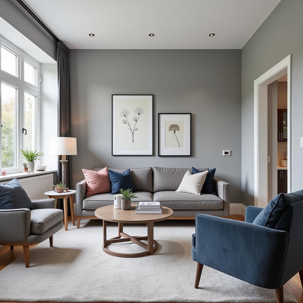 Modern living room featuring heather gray walls and furniture